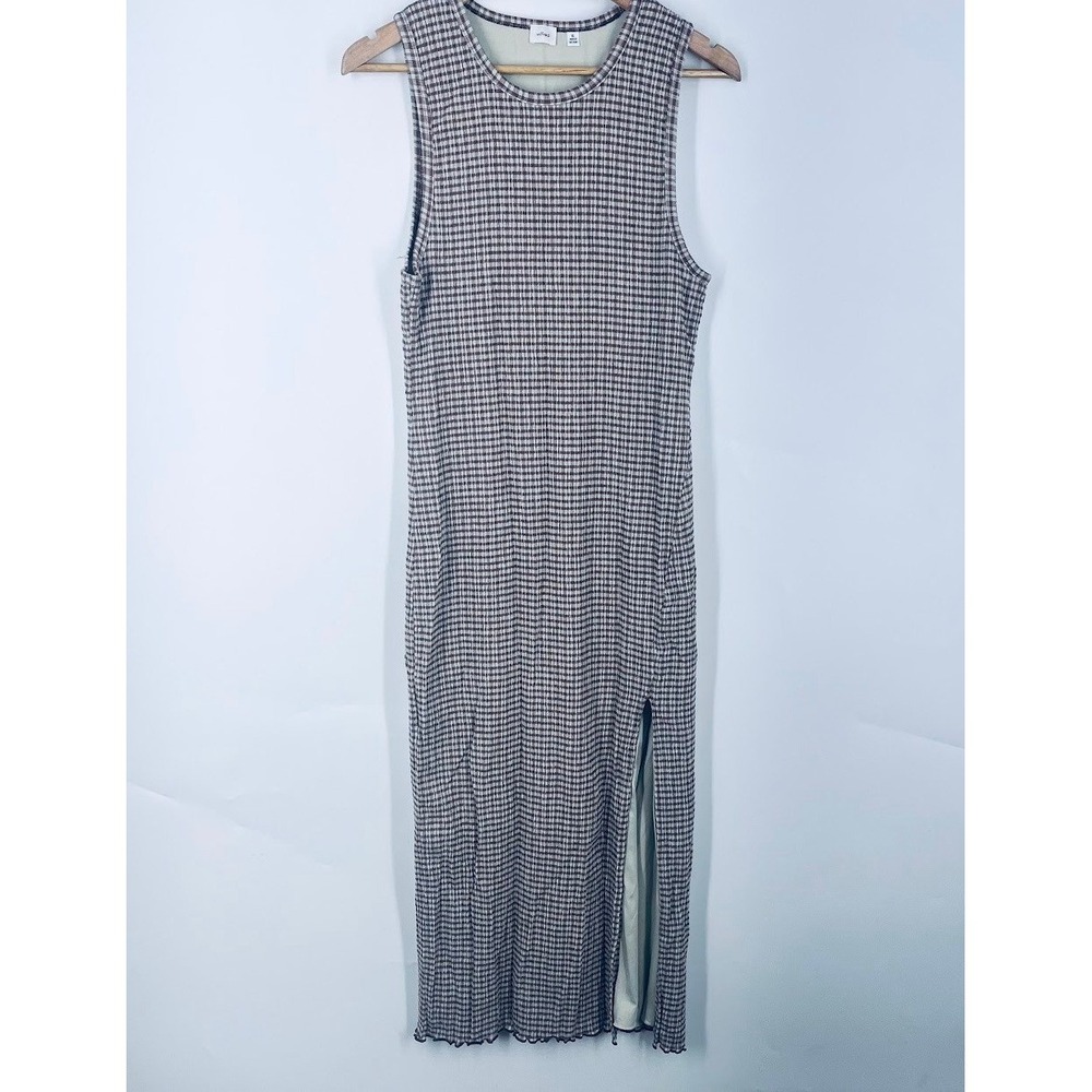 Wilfred Aritzia Brown Gingham Sleeveless Midi Column Dress Side Slit XL 82468